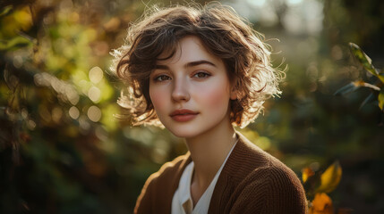 Naklejka premium An attractive Russian woman with short, curly hair, wearing a brown cardigan and a white shirt