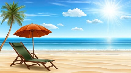Relaxing Beach Scene with Lounge Chair, Palm Tree, Orange Umbrella, and Clear Blue Sky