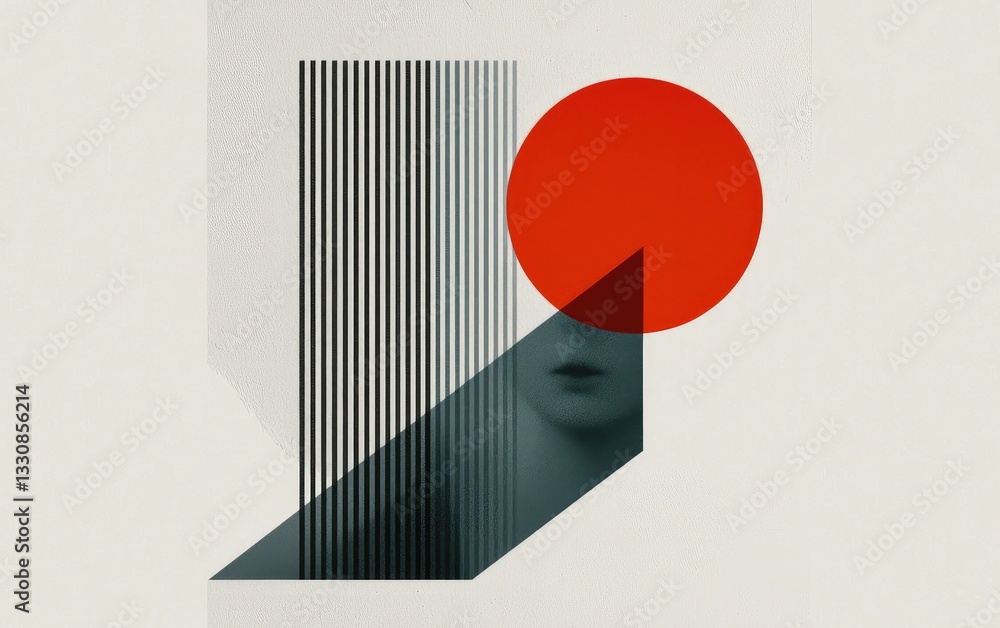 Poster abstract geometric composition with red circle and statue face