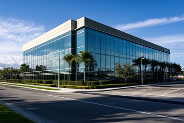 Obraz premium It is a modern office building with a large facade of glass that reflects the blue sky and surrounding trees