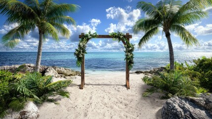 Beautiful Tropical Beach Wedding Arch Surrounded by Lush Greenery and Clear Blue Ocean