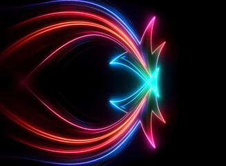 Obraz premium Vibrant neon light streaks converge into a symmetrical, abstract design against a stark black background, creating a dynamic and futuristic visual effect.