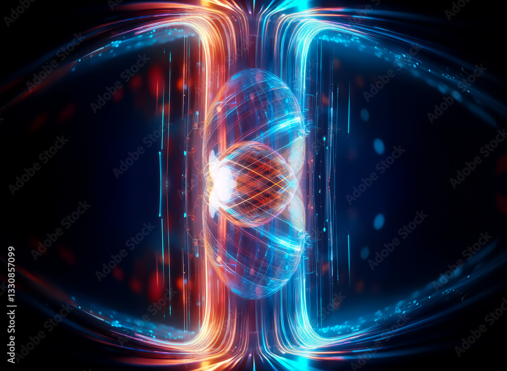 Poster futuristic abstract energy visualization. glowing blue and orange lines curve around a spherical cor