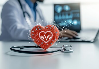 Doctor Using Computer with Digital Heart Graphic and Stethoscope