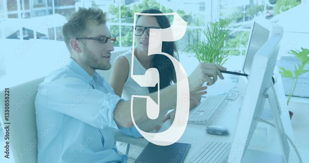 Poster two colleagues discussing work at desk with number five animation overlay