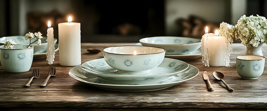 Elegant Light Teal Dinnerware Setting With Candles And Flowers