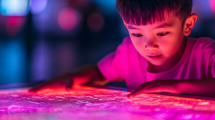 Interactive light play child engaged in colorful exhibit museum portrait indoor joy