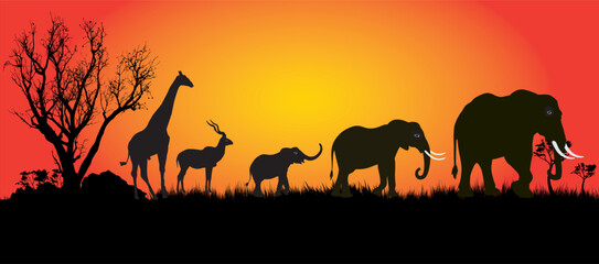Naklejka premium elephants, zebra,impala and giraffe against a orange sunset