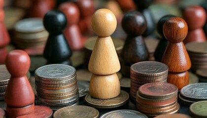 Wooden Pawn Stands Out Among Stacks Of Coins