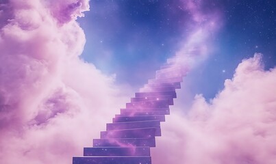 A mystical stairway ascends through colorful clouds toward a starry sky.