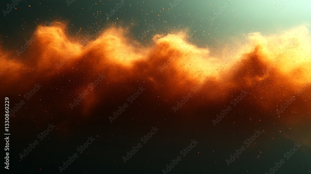 Poster burst of orange and black color splash on light color background with particles floating in the air