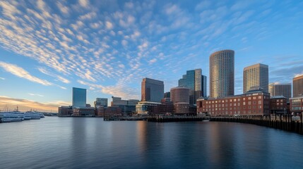 Boston Skyline at Sunrise Reflected in Calm Water