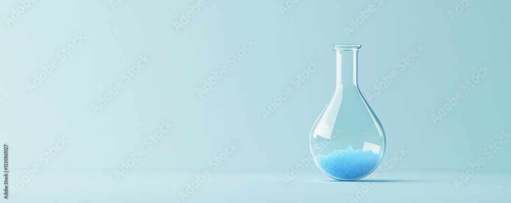 Poster global health globalization concepts. laboratory flask with blue liquid on a light background.