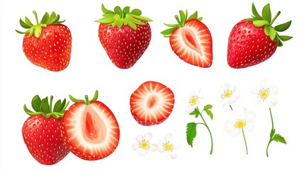 100.A clean and simple vector set showcasing whole and halved red strawberries, isolated on a pure white background. The halved strawberries reveal their fleshy, juicy interior, while the whole