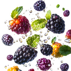 Fresh Blackberries and Mint Flying Through the Air Isolated on Transparent Background