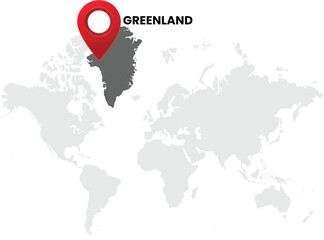 World map on white background. World map with country Greenland highlighted with location symbol. Vector illustration of map and pin location of Greenland country. © PixelPro