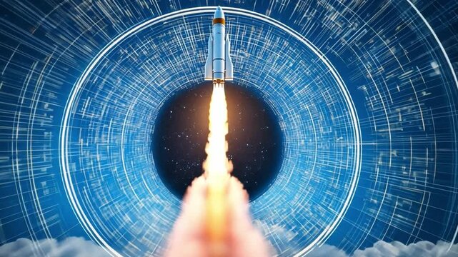 The Launch: A rocket ship ascends boldly through a futuristic tunnel of light and data, representing innovation, technology, exploration and the start of a great journey. 