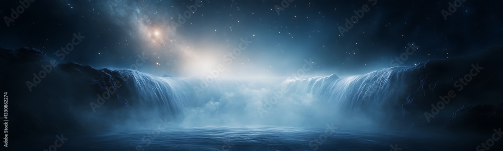 Aufkleber mysterious waterfall under a starry sky with glowing lights in the background.