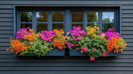 Fototapeta premium Vibrant flowers in window boxes adorn a dark gray house