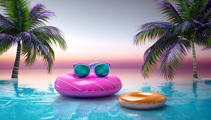 Obraz premium Summertime 80s and sunglasses: Poolside relaxation, floaties, UV sunglasses, tropical 80s mood.