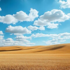 Fototapeta premium A picturesque countryside landscape with rolling hills, golden wheat fields under the blue sky and fluffy white clouds, capturing the beauty of nature in a serene setting.