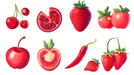 Fototapeta premium 43.A fun and colorful set of red fruits and vegetables in vector style, including a tomato, cherries, watermelon, chili pepper, paprika, apple, strawberry, and pomegranate. Each item is designed with