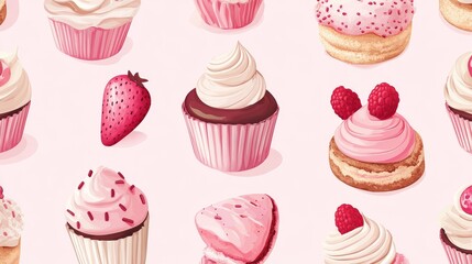 104.Seamless Pattern with Cute Pink Desserts: