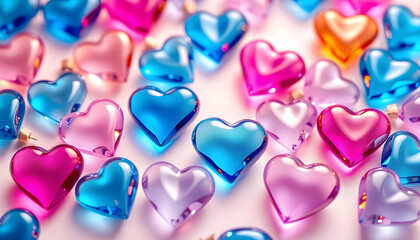 Obraz premium Colorful Glass Heart Ornaments – Shiny Transparent Heart Decorations in Pink, Blue, and Purple