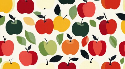 15.A seamless, abstract pattern featuring stylized apples in various shades of red, green, and yellow. The apples are arranged in a repeating, geometric design, with subtle variations in size and