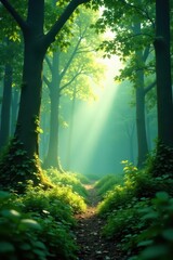 Misty green forest, sunlight filtering through leaves, peaceful, serene, lush