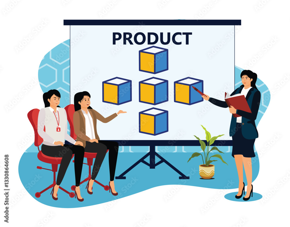 Poster project closure. team collaborating during a presentation on product development in office setting.
