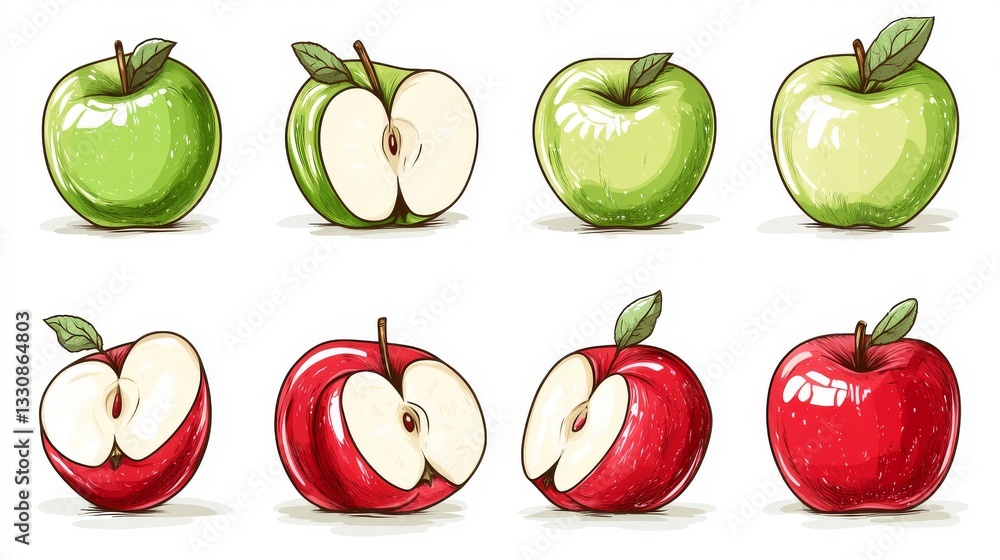 Poster 53.a simple yet detailed vector set of red and green apples, each illustrated as a whole apple and a