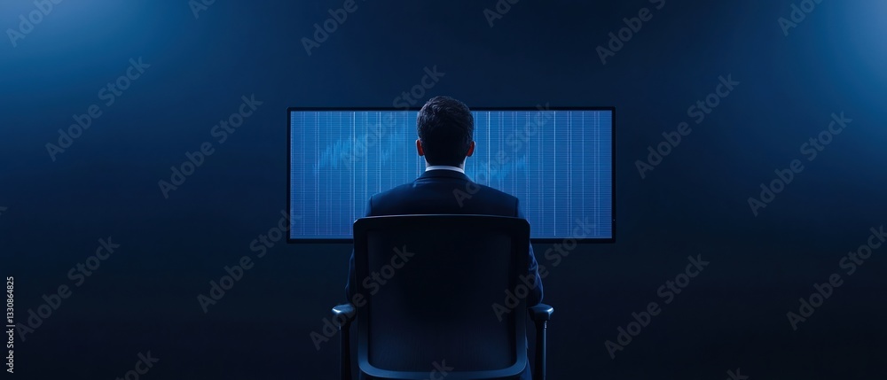 Poster government report forecast concepts. person sitting in front of a large screen in a dark environment