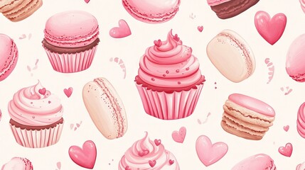 105.A sweet and whimsical seamless pattern featuring a variety of cute pink desserts. The design includes pink macarons, cupcakes with frosting, and heart-shaped cookies, all illustrated with soft,