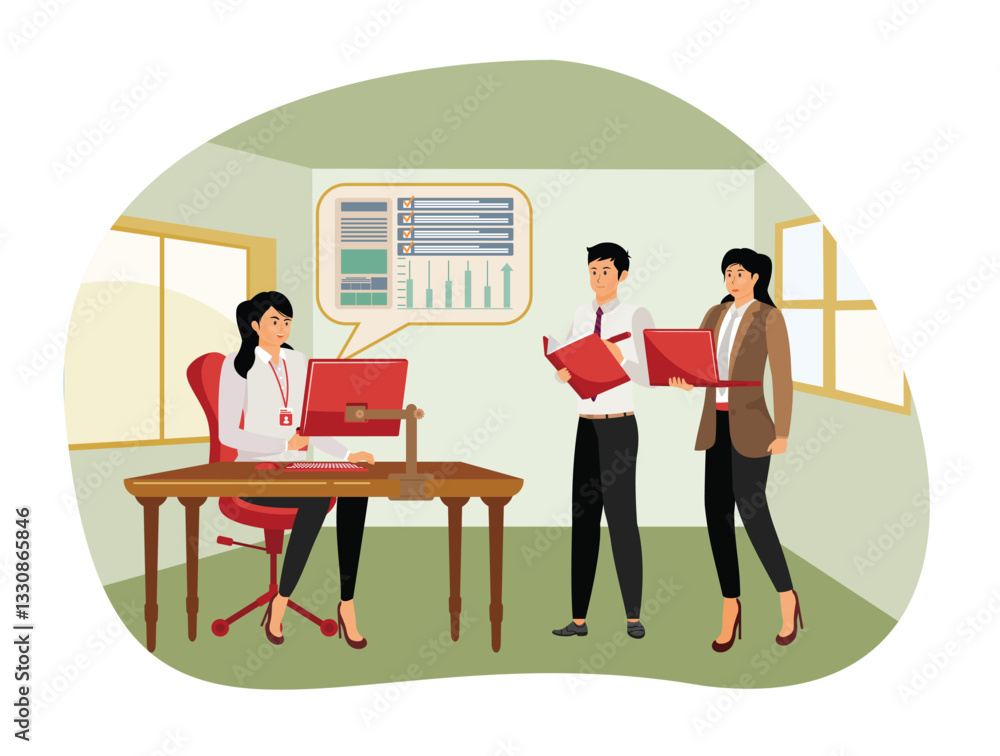 Poster project implementation. professional team collaboration in office setting with charts and documents.