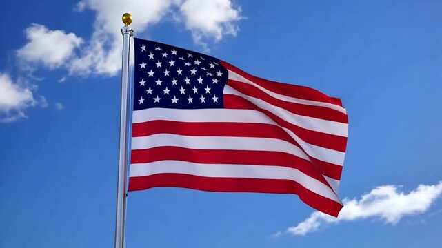 U.S flag waving in the wind against blue sky background. Patriotism and american pride concept. USA Government and politics. Cultural heritage. United States presidential election
