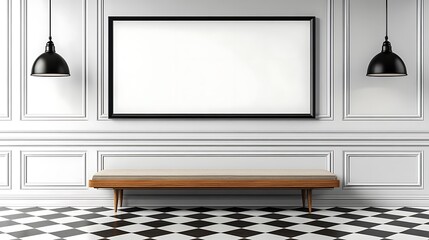 Obraz premium Modern Living Room with Blank Frame, Bench, and Hanging Lamps, free copy space on the wall