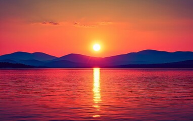 Fototapeta premium Stunning Sunset over Calm Water and Mountains