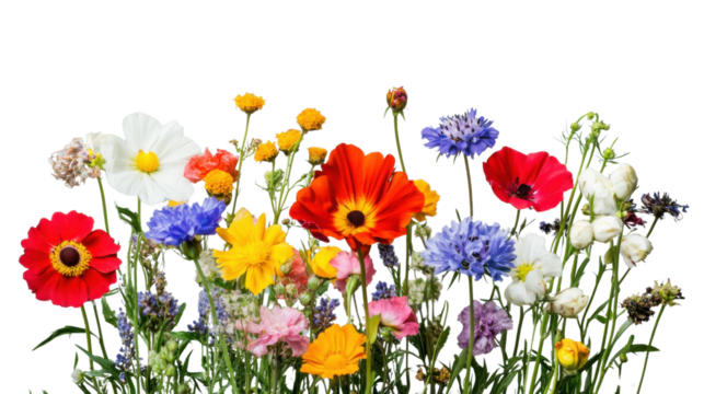 Colorful wildflowers blooming on transparent background