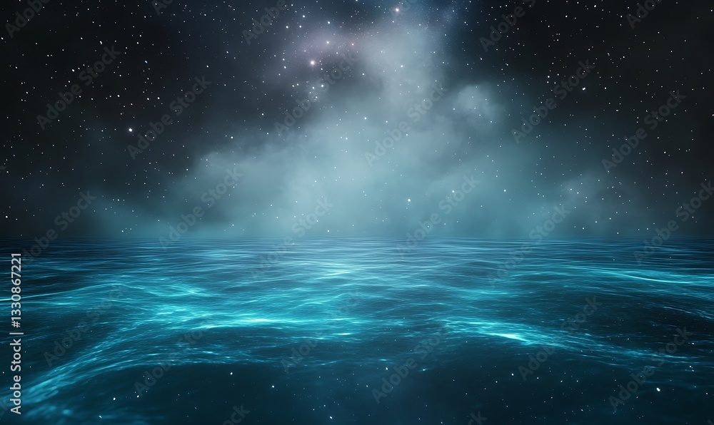 Poster mysterious ocean scene illuminated by starlight and fog, creating a tranquil atmosphere.