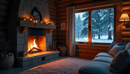 Fototapeta premium fireplace in the living room with fire 8k image