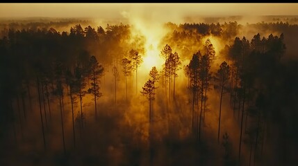 Sunrise Over Misty Autumn Forest With Silhouetted Trees, majestic aerial landscape view in nature