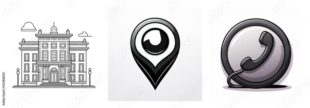 Poster three icons are displayed: a building with columns, a location pin with an eye inside, and a phone r