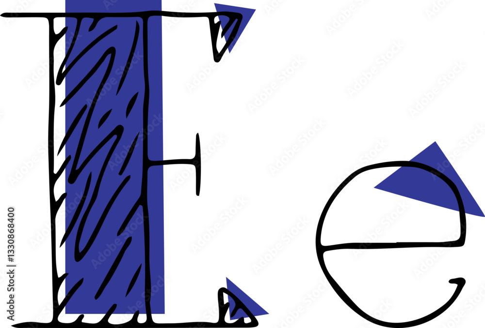 Fototapete capital letter e and lowercase letter hand drawn in black with shaded capital letter with blue fills