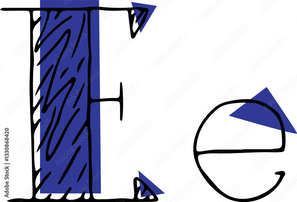 Fototapete capital letter e and lowercase letter hand drawn in black with shaded capital letter with blue fills