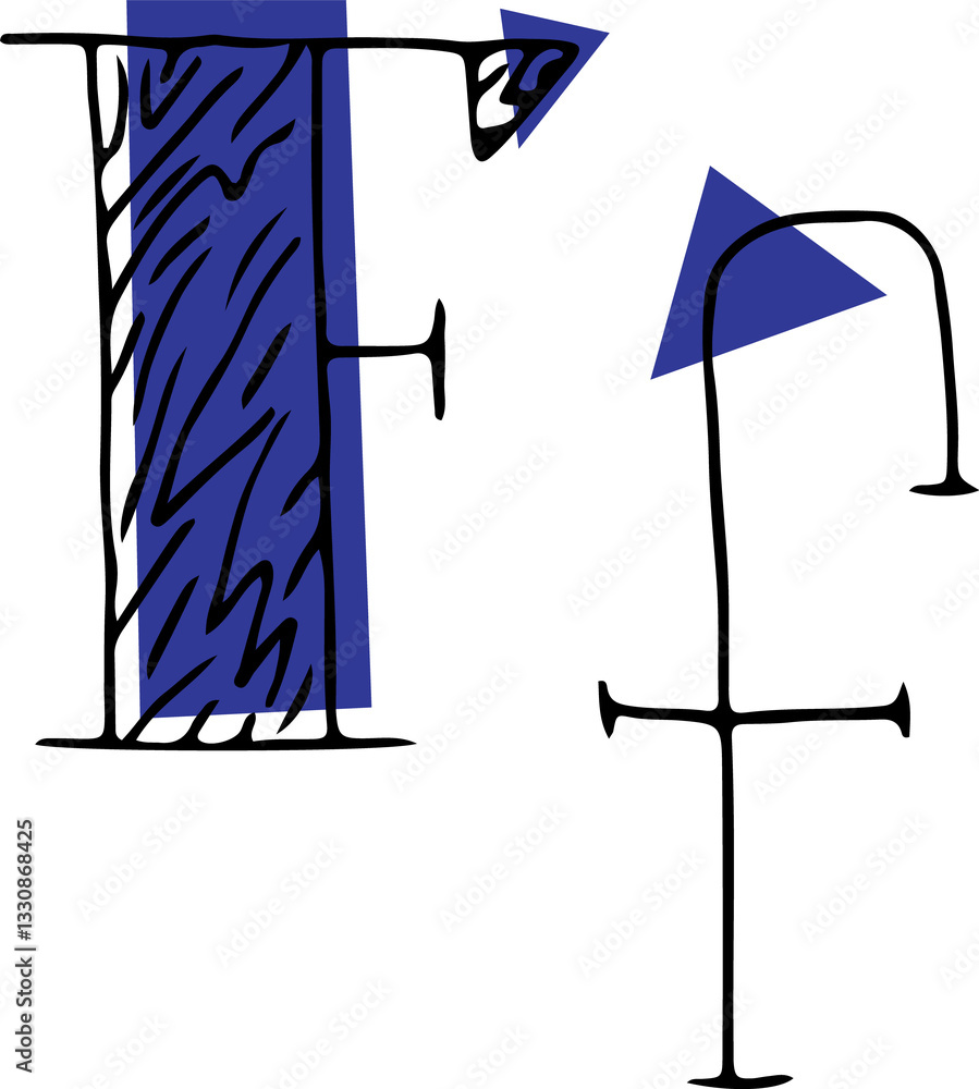 Fototapete capital letter f and lowercase letter hand drawn in black with shaded capital letter with blue fills