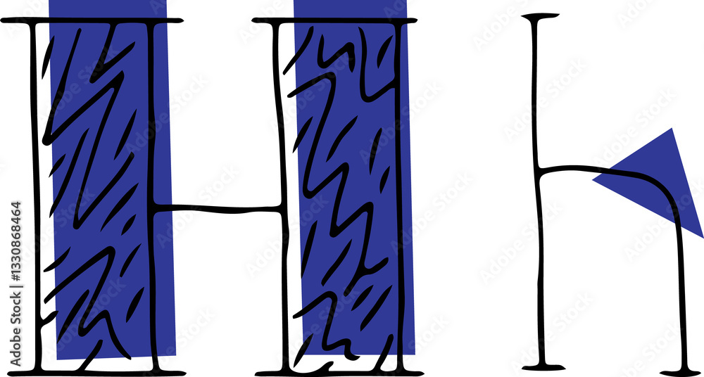 Fototapete capital letter h and lowercase letter hand drawn in black with shaded capital letter with blue fills
