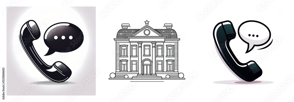 Poster image displays two phone receiver icons with speech bubbles and a building icon. it represents commu