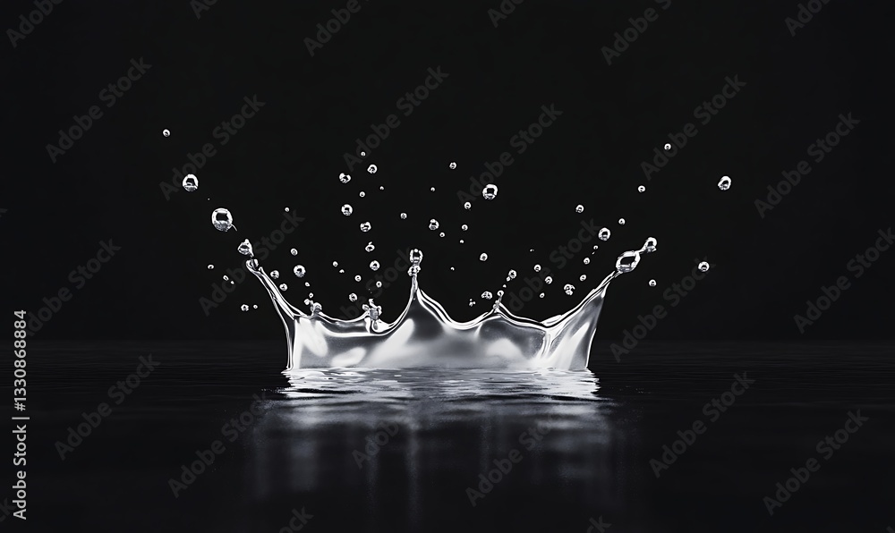 Poster water splash creating dynamic droplets against a dark background.