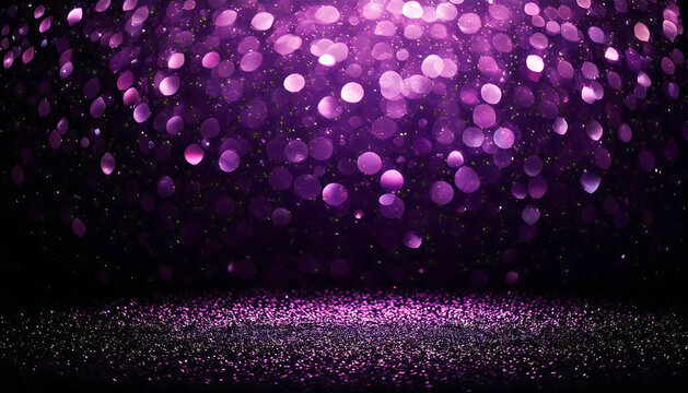 紫色のボケ、ぼやけた光、ぼやけた背景、黒の背景に紫色の紙吹雪、夜の光。紫色の輝き、きらめき、ほこり、光沢のある光の粒子、暗い抽象的な背景。Purple bokeh, blurred lights, blurry background, purple confetti on black background, night light.Purple glitter, sparkles, dust, s